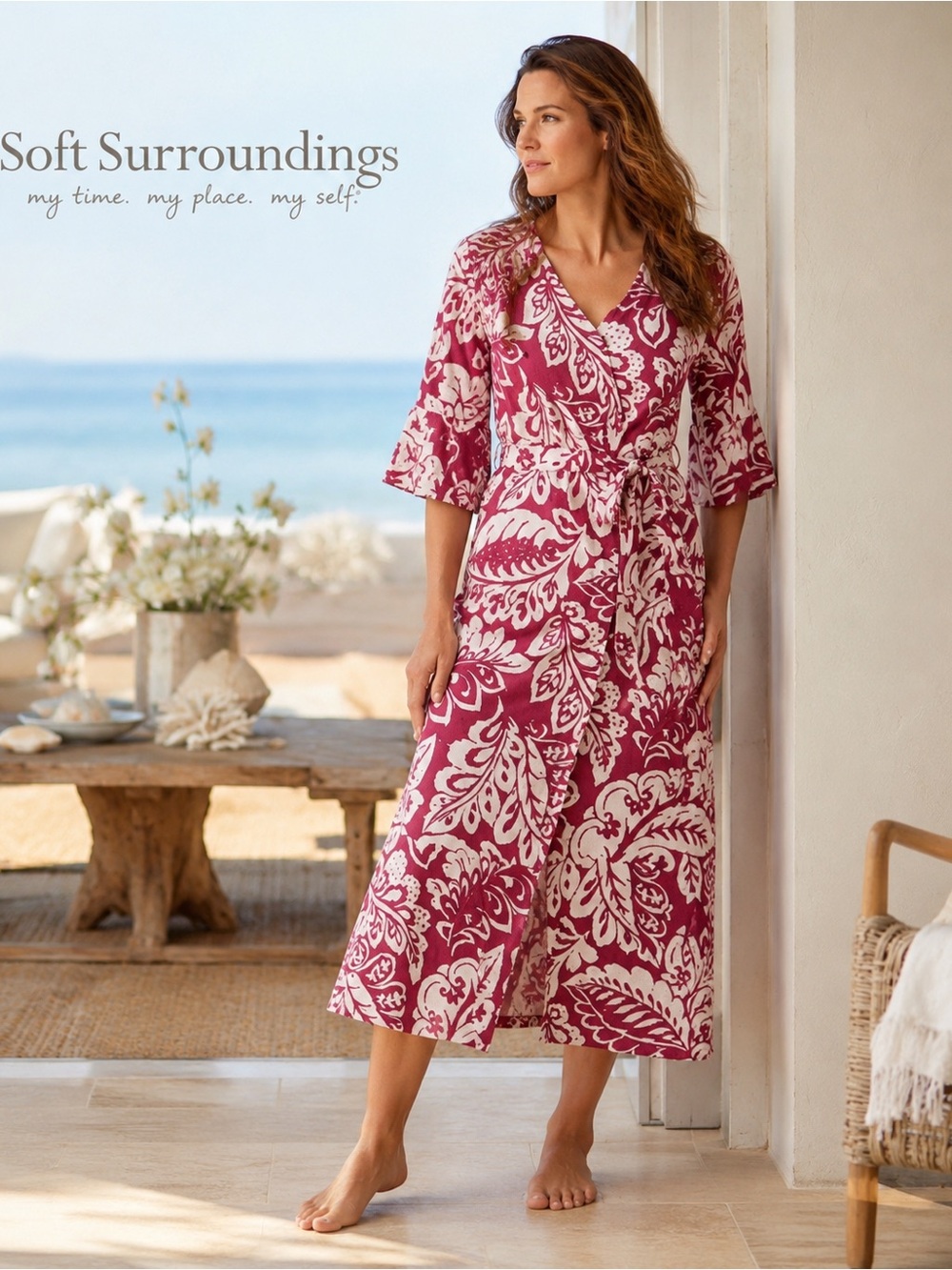 Soft Surroundings Cool Breeze Robe L Berry Red Cream Floral Cotton Belted B5